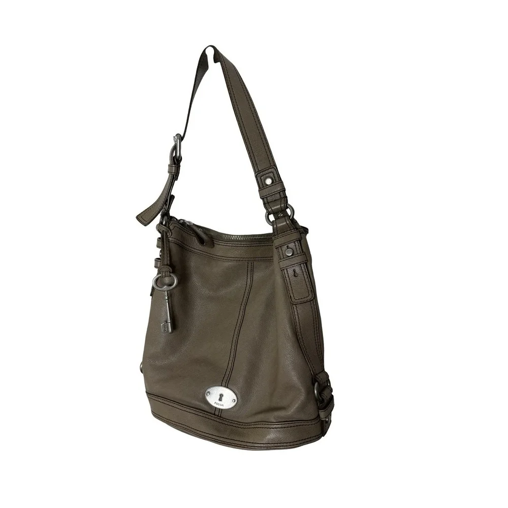 Vintage Fossil Maddox gray Leather Bucket Bag Y2K Hobo Shoulder Purse